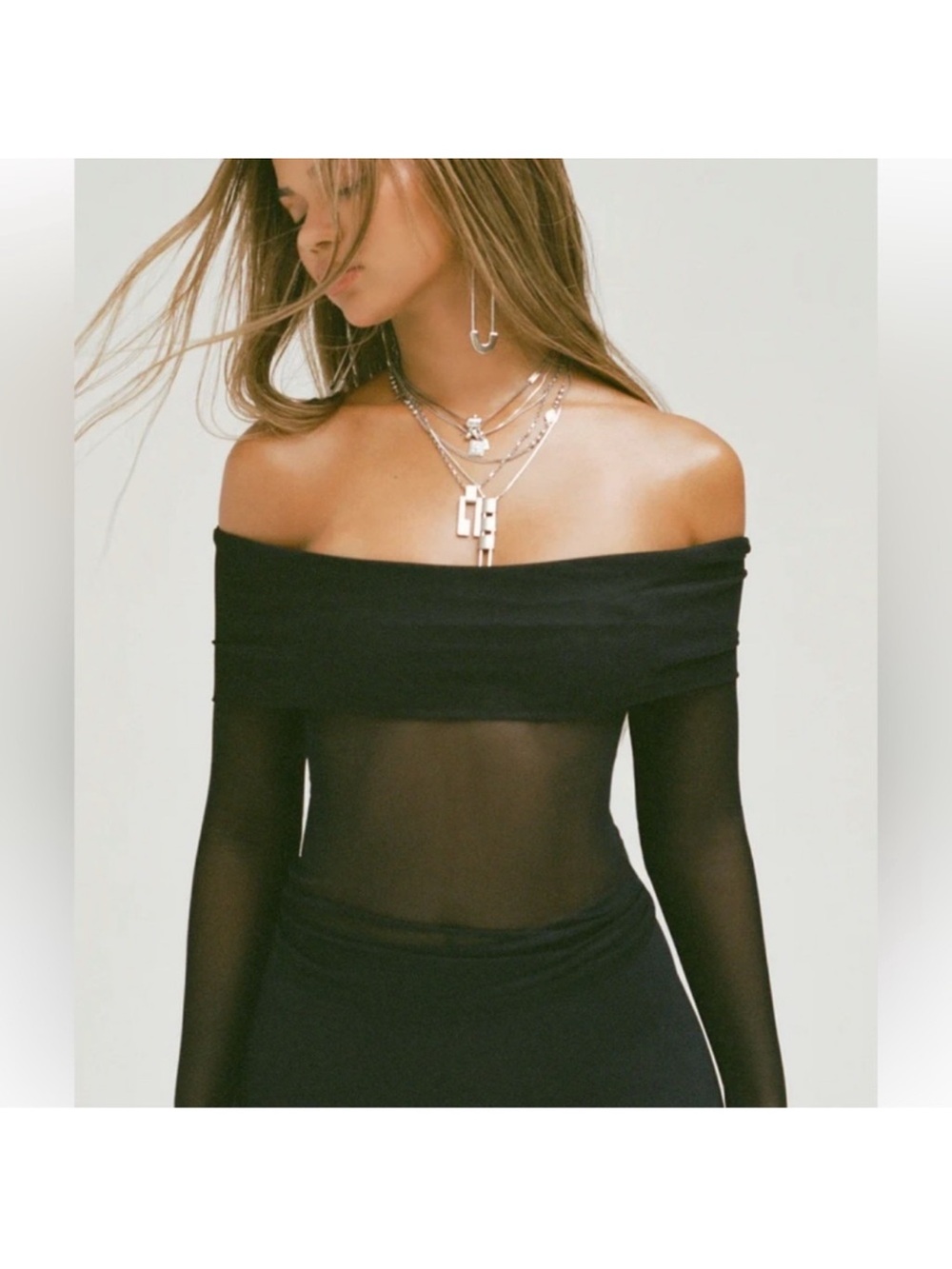Joah Brown Off-Shoulder Black Mesh Top